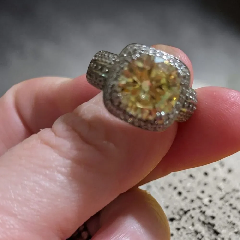 925 Sterling Silver Champagne Cubic Zirconia Halo Ring, Cushion Cut Ring, Size 7